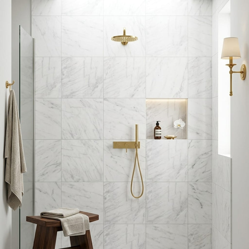 White Pearl Marble Tile 24x24 — Bathroom shower wall