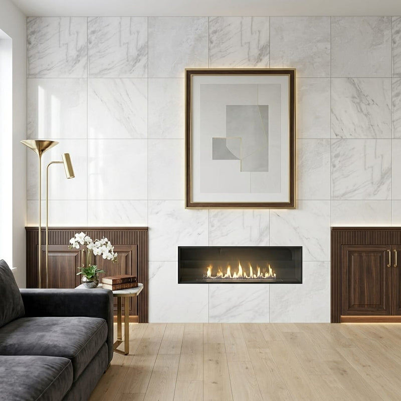 White Pearl Marble Tile 24x24 — Living Room feature wall