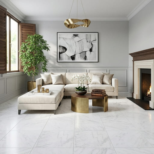 White Pearl Marble Tile 24x24 — Living Room floor