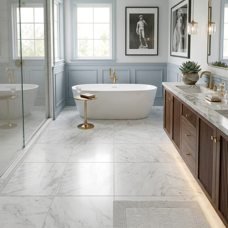White Pearl Marble Tile 24x24 — Primary Bath floor