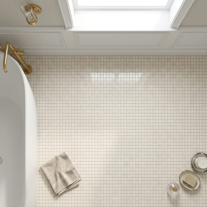 White Pearl (Turkish Botticino) (Botticino) Marble 1x1 Polished Mosaic — Bathroom floor