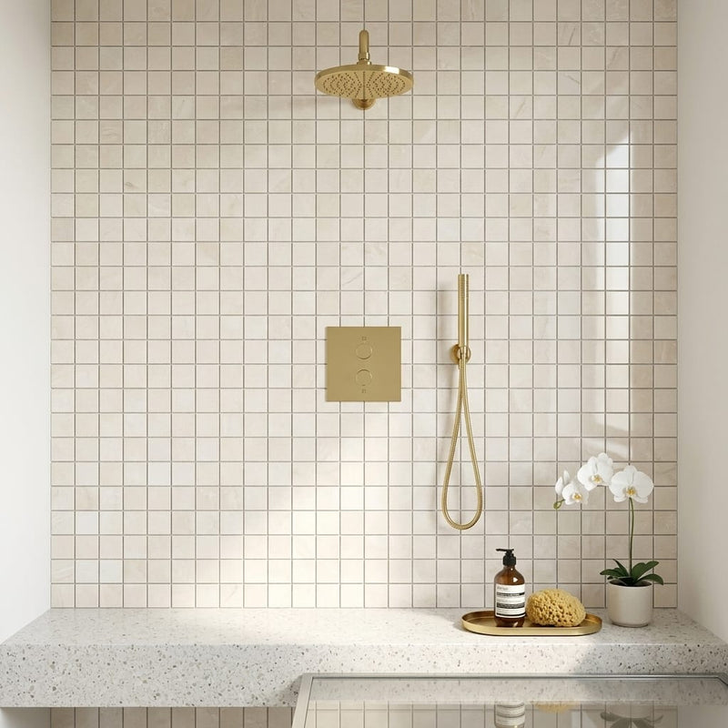 White Pearl (Turkish Botticino) (Botticino) Marble 1x1 Polished Mosaic — Bathroom shower floor