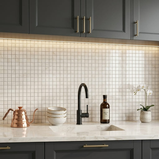 White Pearl (Turkish Botticino) (Botticino) Marble 1x1 Polished Mosaic — Kitchen backsplash