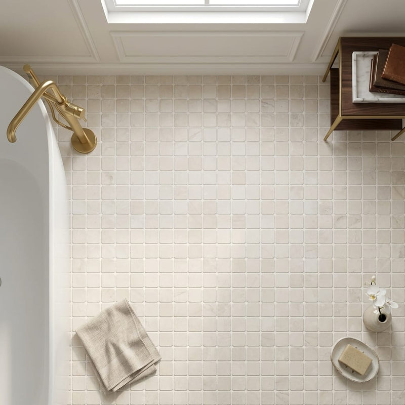 White Pearl (Turkish Botticino) (Botticino) Marble 1x1 Tumbled Mosaic — Bathroom floor