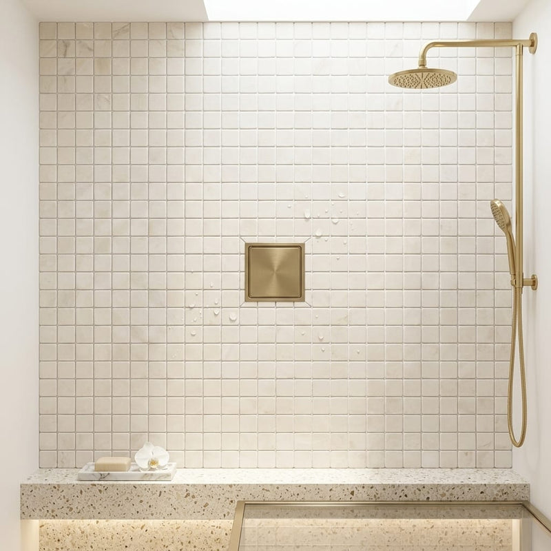 White Pearl (Turkish Botticino) (Botticino) Marble 1x1 Tumbled Mosaic — Bathroom shower floor