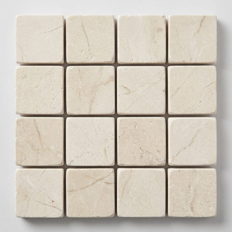 White Pearl (Turkish Botticino) (Botticino) Marble 1x1 Tumbled Mosaic close-up