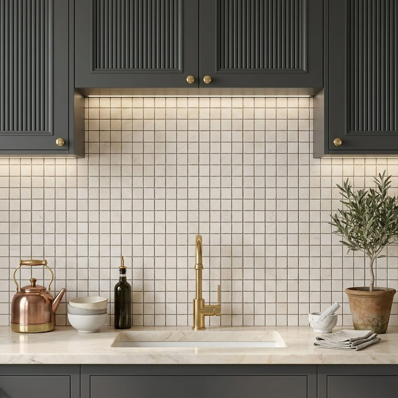White Pearl (Turkish Botticino) (Botticino) Marble 1x1 Tumbled Mosaic — Kitchen backsplash
