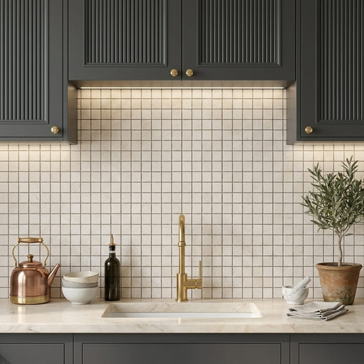 White Pearl (Turkish Botticino) (Botticino) Marble 1x1 Tumbled Mosaic — Kitchen backsplash
