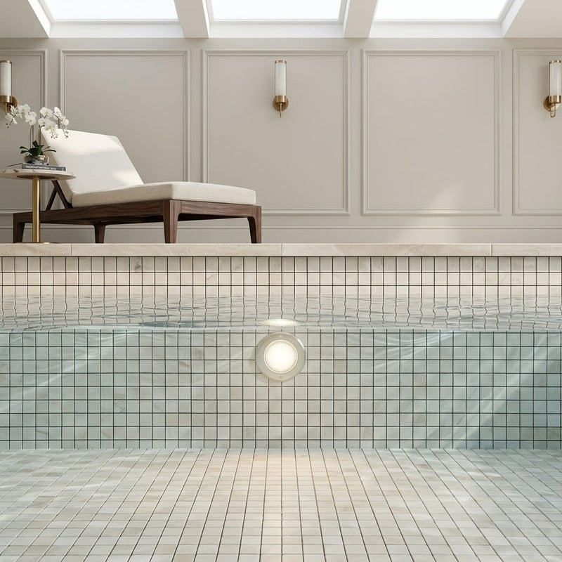 White Pearl (Turkish Botticino) (Botticino) Marble 1x1 Tumbled Mosaic — Swimming Pool pool interior tiling