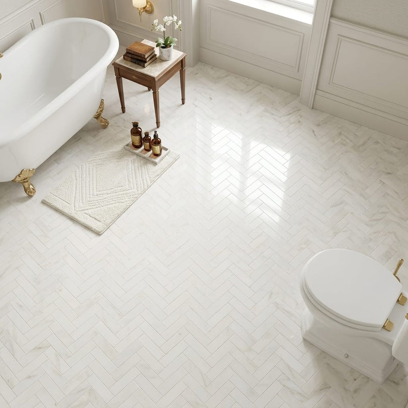 White Pearl (Turkish Botticino) (Botticino) Marble 1x3 Polished Herringbone Mosaic — Bathroom floor