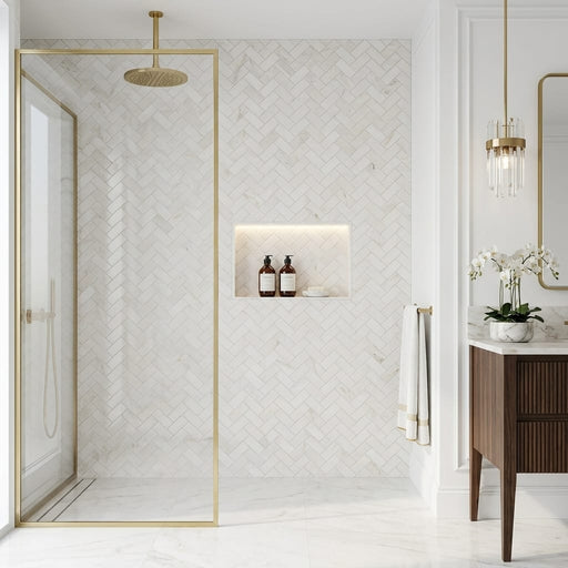 White Pearl (Turkish Botticino) (Botticino) Marble 1x3 Polished Herringbone Mosaic — Bathroom shower wall