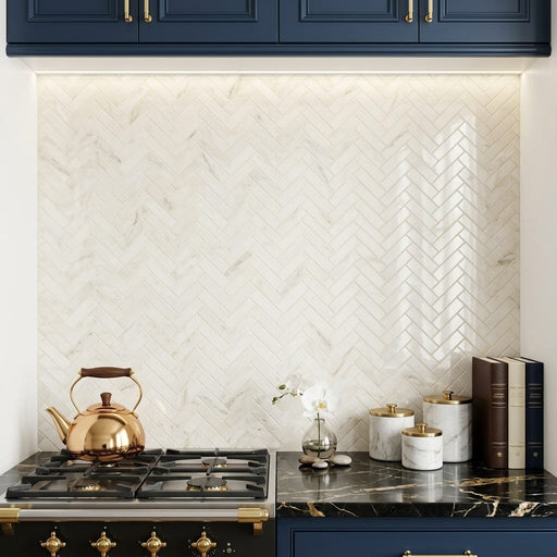 White Pearl (Turkish Botticino) (Botticino) Marble 1x3 Polished Herringbone Mosaic — Kitchen backsplash