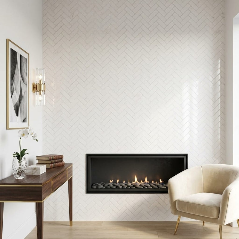 White Pearl (Turkish Botticino) (Botticino) Marble 1x3 Polished Herringbone Mosaic — Living Room accent wall