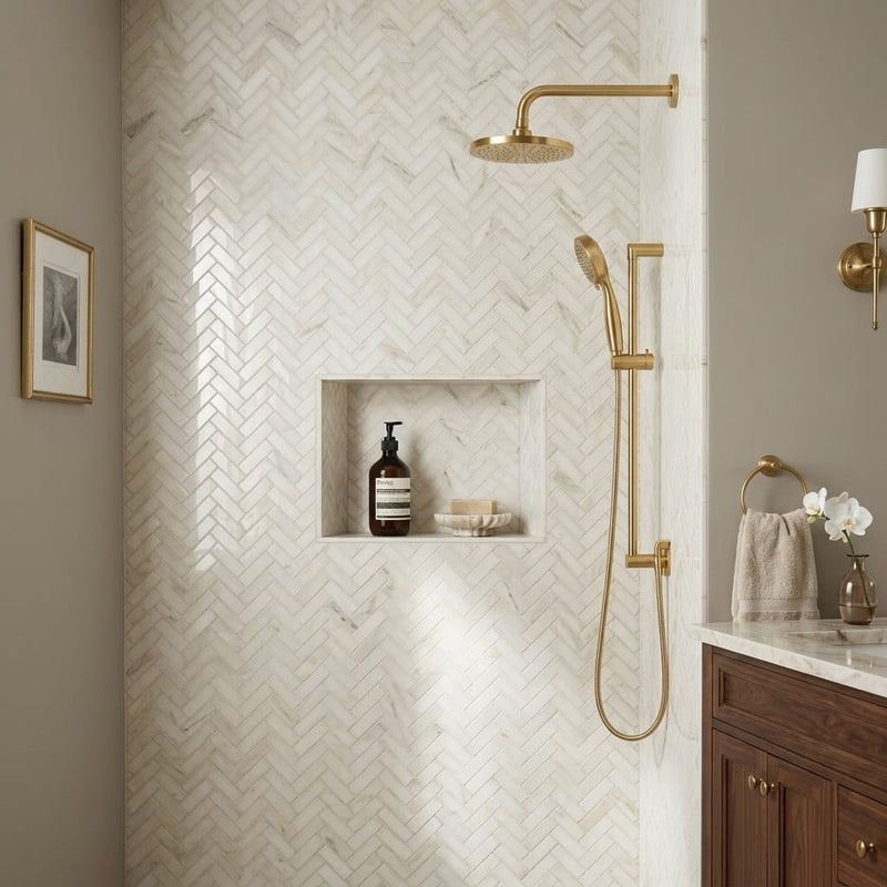 White Pearl (Turkish Botticino) (Botticino) Marble 1x4 Polished Herringbone Mosaic — Bathroom shower wall