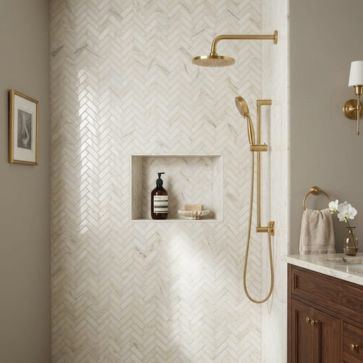 White Pearl (Turkish Botticino) (Botticino) Marble 1x4 Polished Herringbone Mosaic — Bathroom shower wall