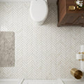 White Pearl (Turkish Botticino) (Botticino) Marble 1x4 Polished Herringbone Mosaic — Powder Room floor