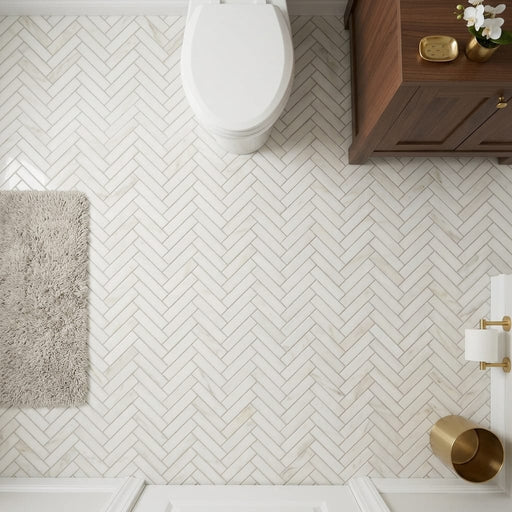 White Pearl (Turkish Botticino) (Botticino) Marble 1x4 Polished Herringbone Mosaic — Powder Room floor