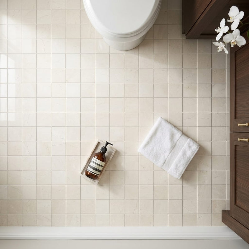 White Pearl (Turkish Botticino) (Botticino) Marble 2x2 Polished Mosaic — Bathroom floor