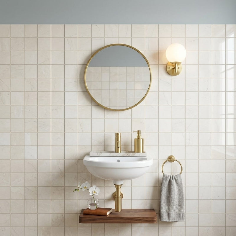 White Pearl (Turkish Botticino) (Botticino) Marble 2x2 Polished Mosaic — Powder Room wall