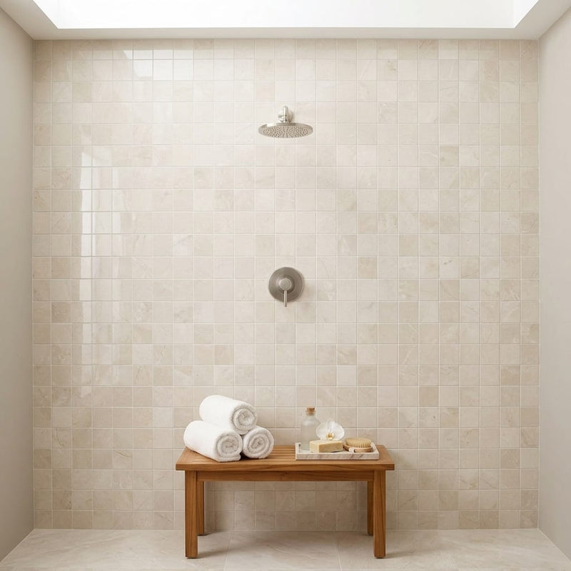 White Pearl (Turkish Botticino) (Botticino) Marble 2x2 Polished Mosaic — Spa spa interior