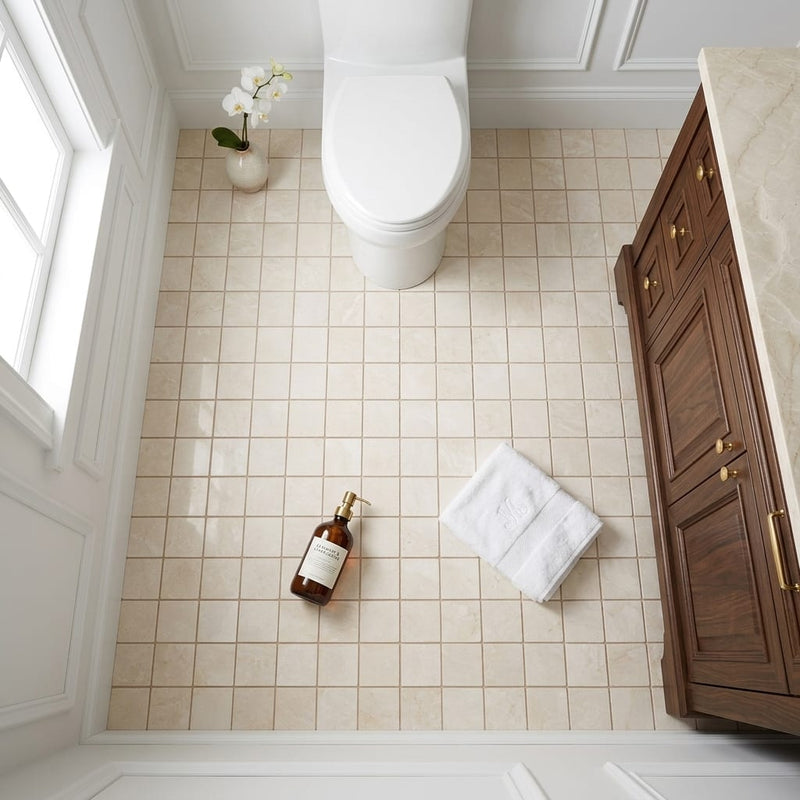 White Pearl (Turkish Botticino) (Botticino) Marble 2x2 Tumbled Mosaic — Bathroom floor