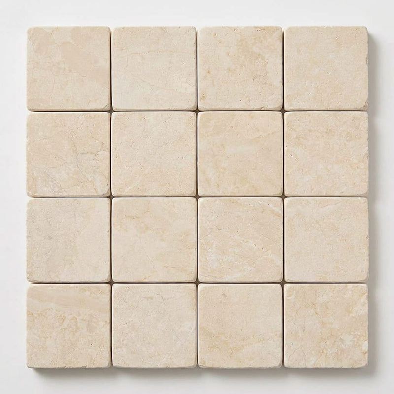 White Pearl (Turkish Botticino) (Botticino) Marble 2x2 Tumbled Mosaic close-up