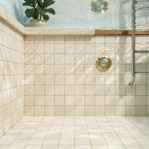 White Pearl (Turkish Botticino) (Botticino) Marble 2x2 Tumbled Mosaic — Swimming Pool pool interior tiling