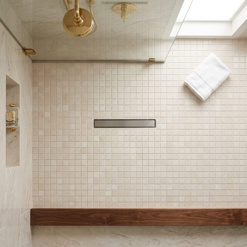White Pearl (Turkish Botticino) (Botticino) Marble 5/8x5/8 Polished Mosaic — Bathroom shower floor