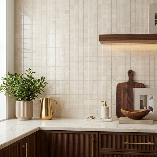 White Pearl (Turkish Botticino) (Botticino) Marble 5/8x5/8 Polished Mosaic — Kitchen backsplash