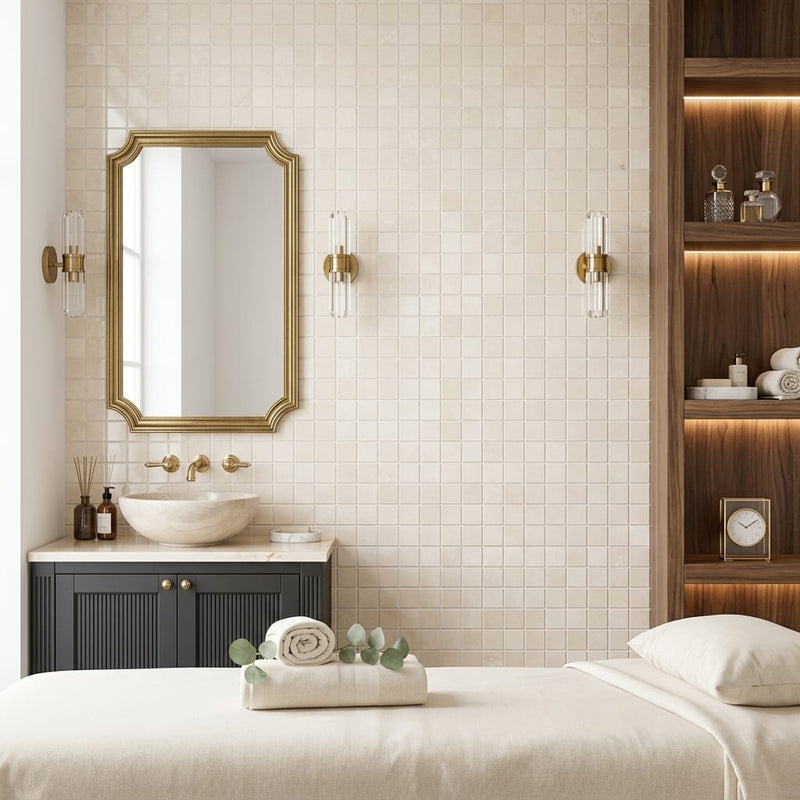 White Pearl (Turkish Botticino) (Botticino) Marble 5/8x5/8 Polished Mosaic — Spa spa interior