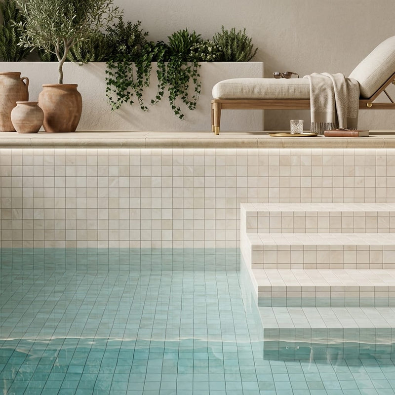 White Pearl (Turkish Botticino) (Botticino) Marble 5/8x5/8 Polished Mosaic — Swimming Pool pool interior tiling