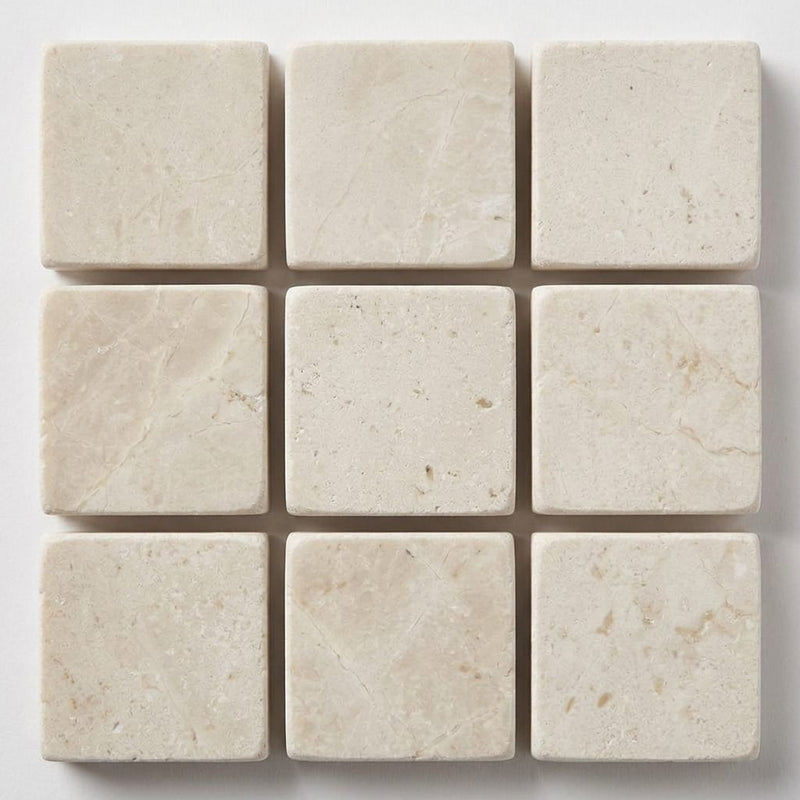 White Pearl (Turkish Botticino) (Botticino) Marble 5/8x5/8 Tumbled Mosaic close-up