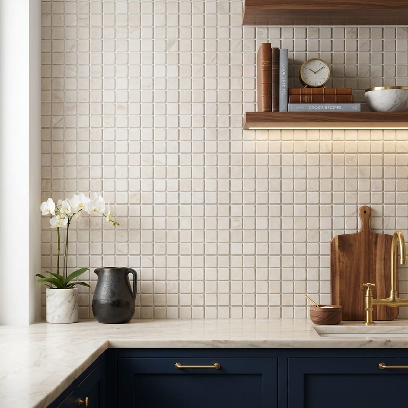 White Pearl (Turkish Botticino) (Botticino) Marble 5/8x5/8 Tumbled Mosaic — Kitchen backsplash