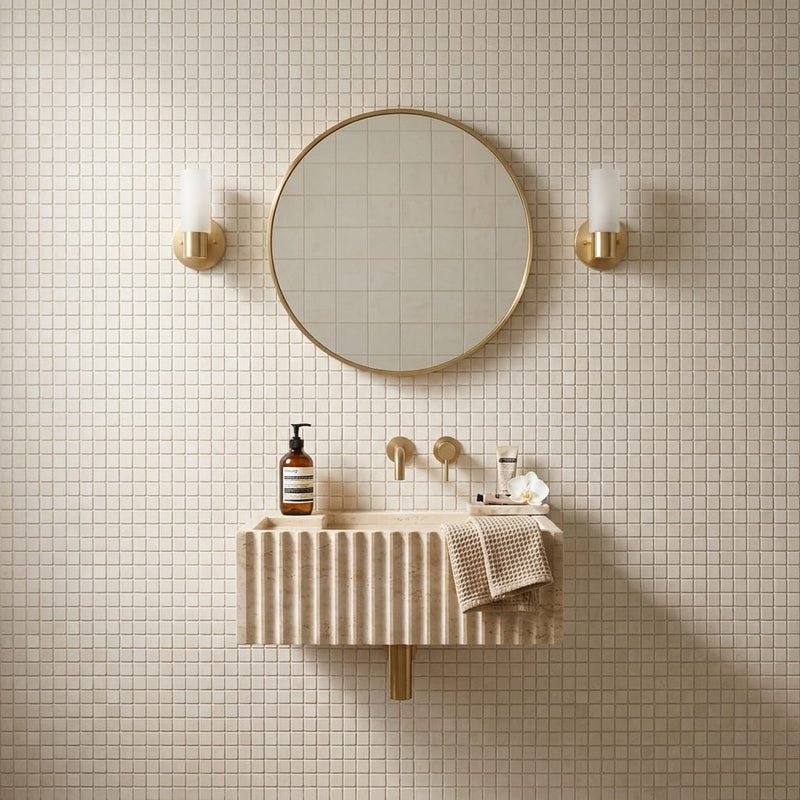 White Pearl (Turkish Botticino) (Botticino) Marble 5/8x5/8 Tumbled Mosaic — Powder Room wall