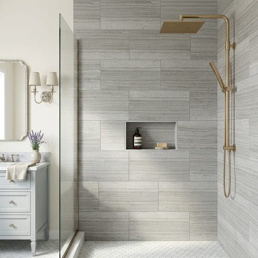 Wooden Gray Limestone Tile 12x24 Honed — Bathroom shower wall