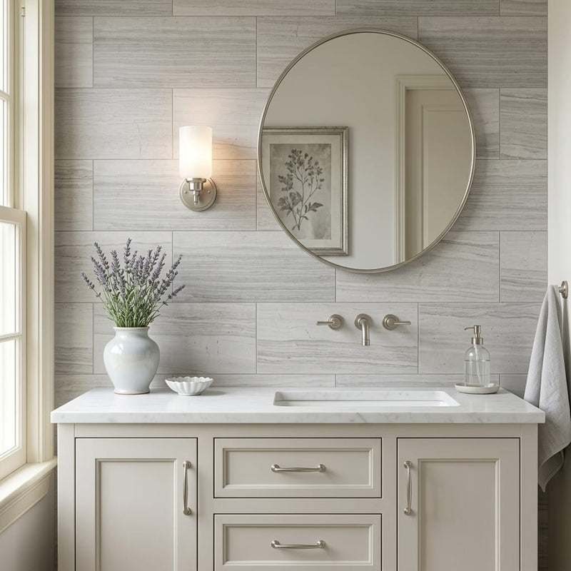 Wooden Gray Limestone Tile 12x24 Honed — Bathroom vanity wall