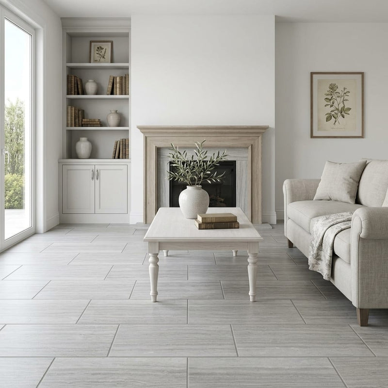 Wooden Gray Limestone Tile 12x24 Honed — Living Room floor