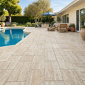 Wooden Travertine Paver 16x24 Tumbled 1.25 inch — Backyard pool deck