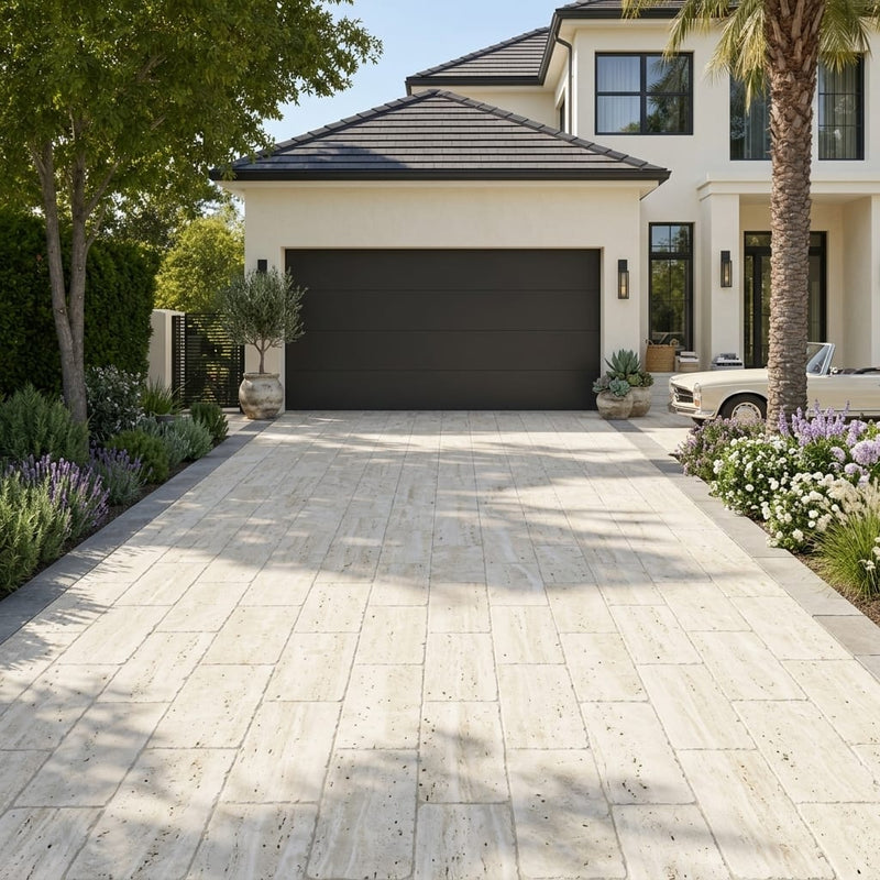 Wooden Travertine Paver 16x24 Tumbled 1.25 inch — Front Yard driveway