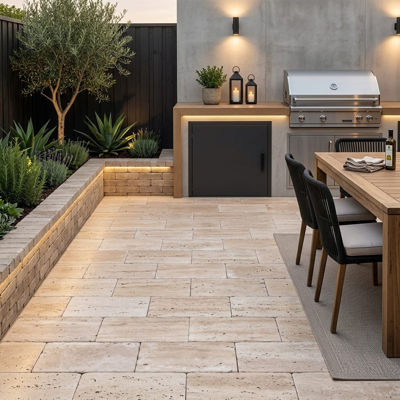 Wooden Travertine Paver 6x12 Tumbled 1.25 inch — Backyard patio