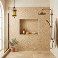 Golden Sienna 1x2 Diamond Tumbled Travertine Mosaic — Bathroom shower wall