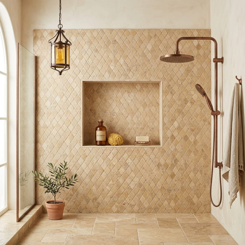 Golden Sienna 1x2 Diamond Tumbled Travertine Mosaic — Bathroom shower wall