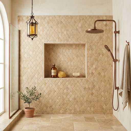 Golden Sienna 1x2 Diamond Tumbled Travertine Mosaic — Bathroom shower wall