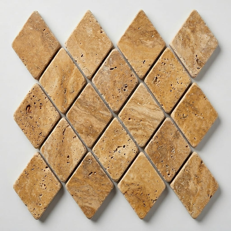 Golden Sienna 1x2 Diamond Tumbled Travertine Mosaic close-up