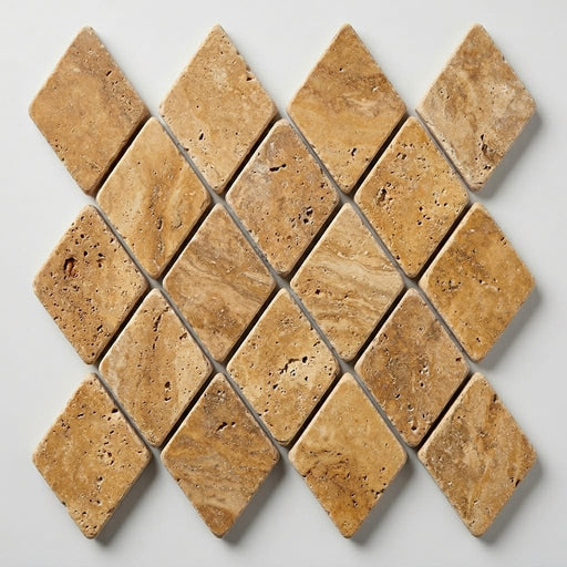 Golden Sienna 1x2 Diamond Tumbled Travertine Mosaic close-up