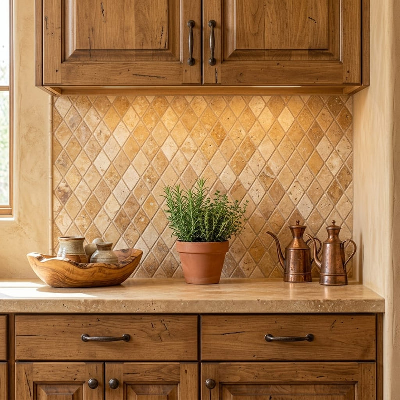 Golden Sienna 1x2 Diamond Tumbled Travertine Mosaic — Kitchen backsplash