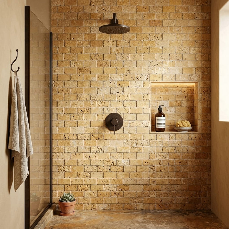 Golden Sienna 2x4 Subway Splitface Travertine Mosaic — Bathroom shower wall