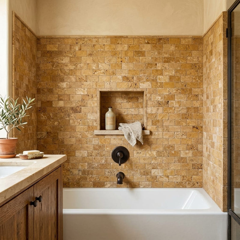 Golden Sienna 2x4 Subway Splitface Travertine Mosaic — Bathroom tub surround