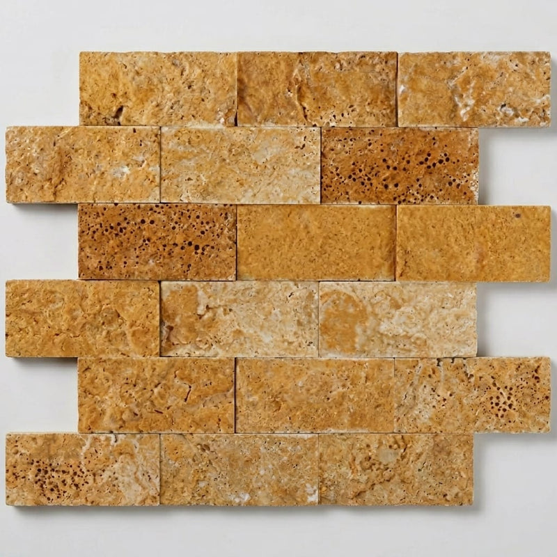 Golden Sienna 2x4 Subway Splitface Travertine Mosaic close-up