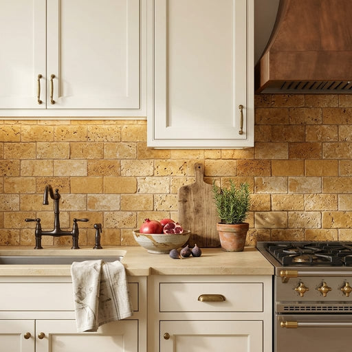 Golden Sienna 2x4 Subway Splitface Travertine Mosaic — Kitchen backsplash